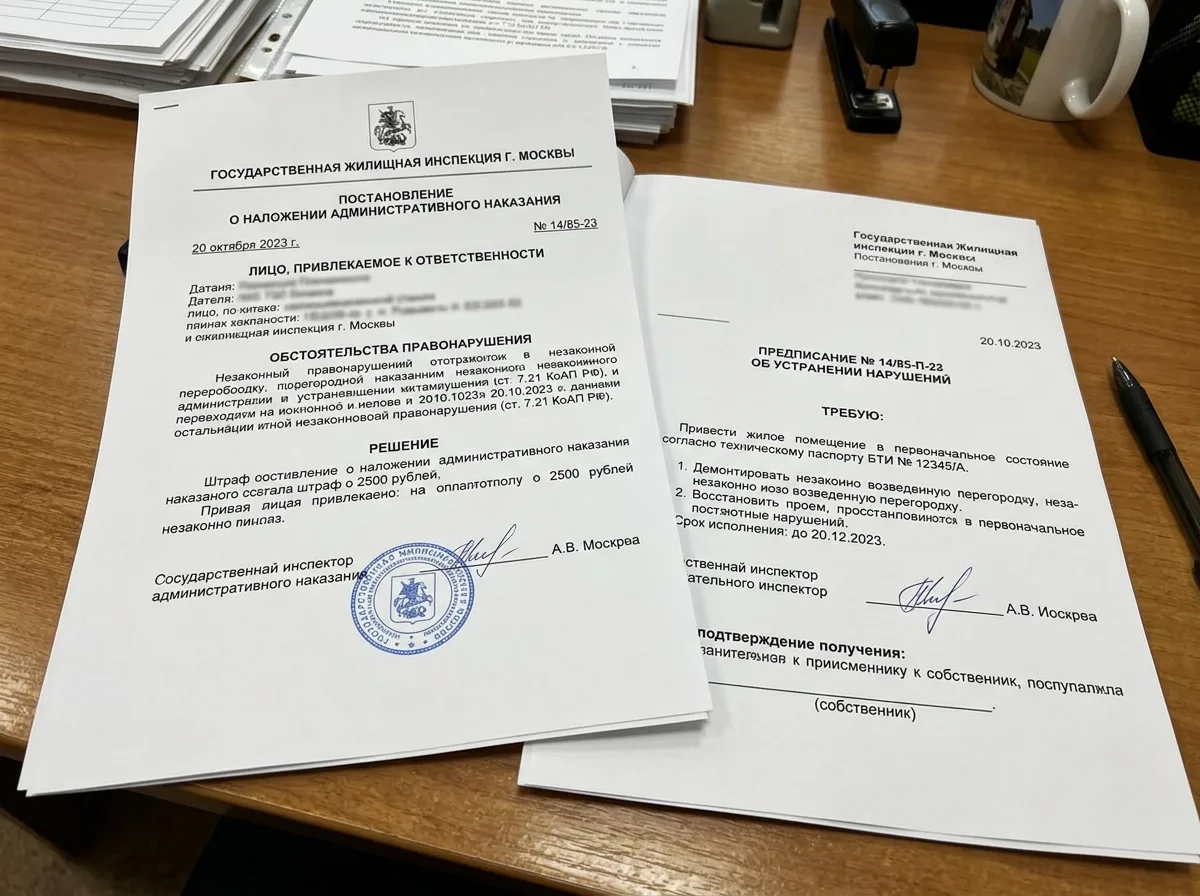 Документы Жилищной инспекции — предписание о штрафе и требование привести квартиру в исходное состояние по документации БТИ