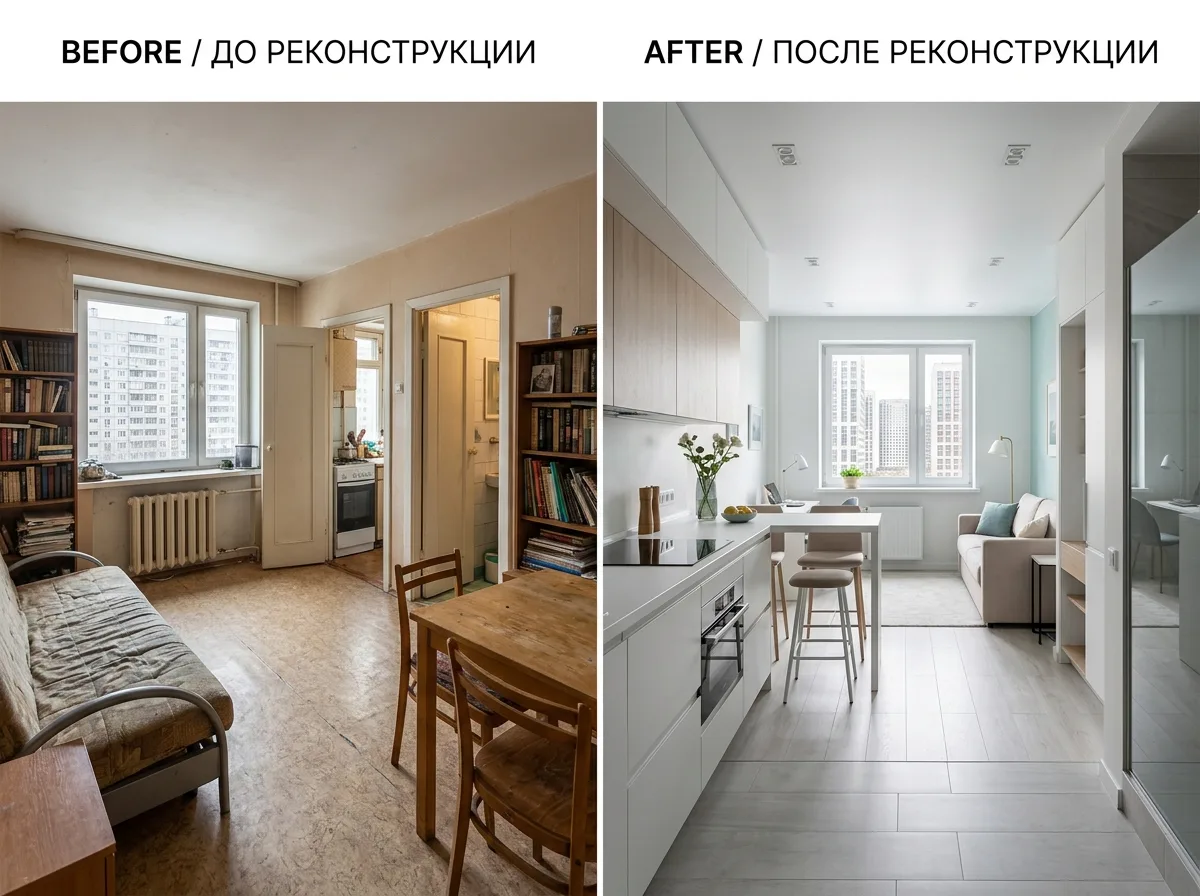 До и после перепланировки однокомнатной квартиры в ЖК Fresh в Москве — перенос кухни и санузла, современный светлый интерьер